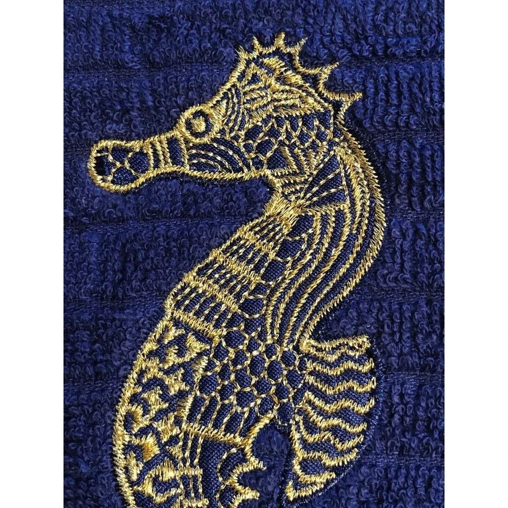 Seahorse Navy Nautical Dish Towels Gold Embroidered Beach House Set of 2
